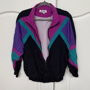 Alfred Dunner Black Windbreaker Jacket with Purple and Teal Colorblock